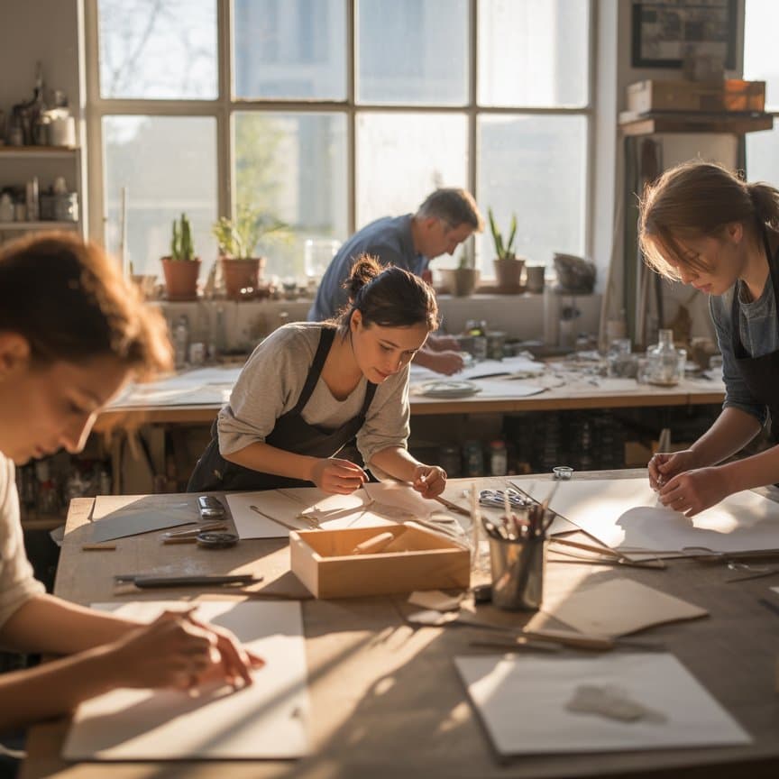 Creative makers and artisans working in workshop studio environment using Tidy for project management